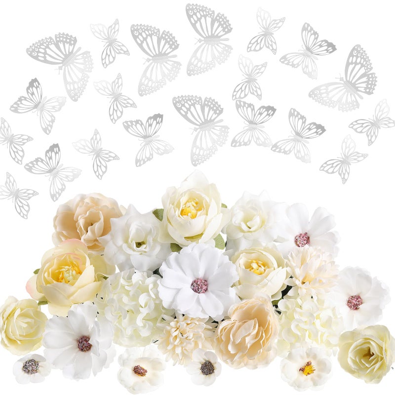 Canlierr 32 Pcs DIY Graduation Cap Decorations Accessory Kit Include Faux Flower Heads 3D Butterfly Grad Cap Decorations White Tone