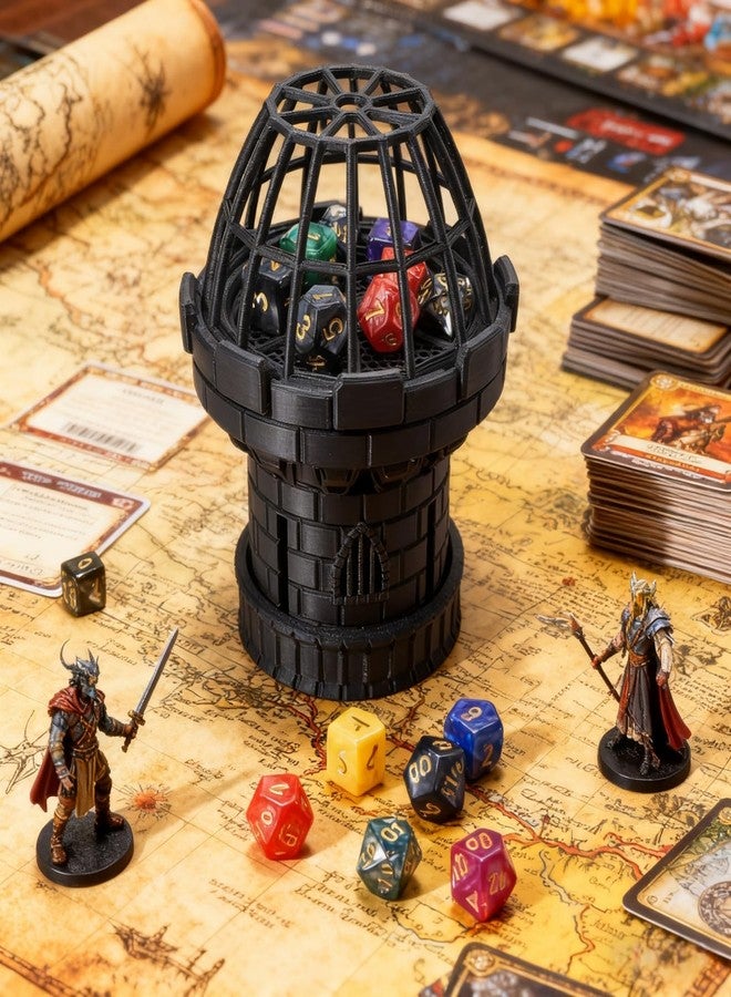 XJPONGC Hand Rotating Dice Tower Tower Dungeons and Dragons RPG abletop Roleplaying Game Jail D&D (Random 7PCS D20 Dice Set Included) Black - Image 5