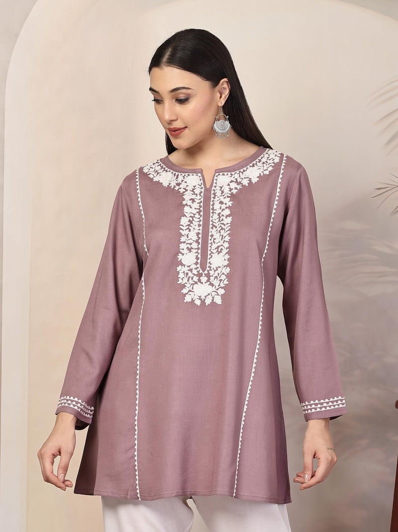 QAZMI Women's Ardra Kashmiri A-Line Lavender Short Kurti_XS - Image 2