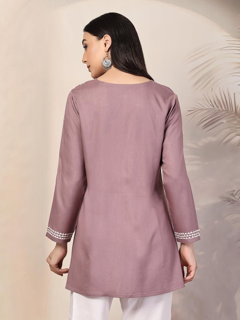 QAZMI Women's Ardra Kashmiri A-Line Lavender Short Kurti_XS - Image 5