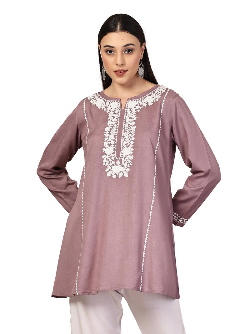 QAZMI Women's Ardra Kashmiri A-Line Lavender Short Kurti_XS - Image 1