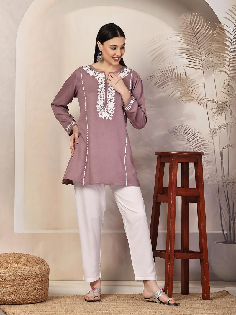 QAZMI Women's Ardra Kashmiri A-Line Lavender Short Kurti_XS - Image 4