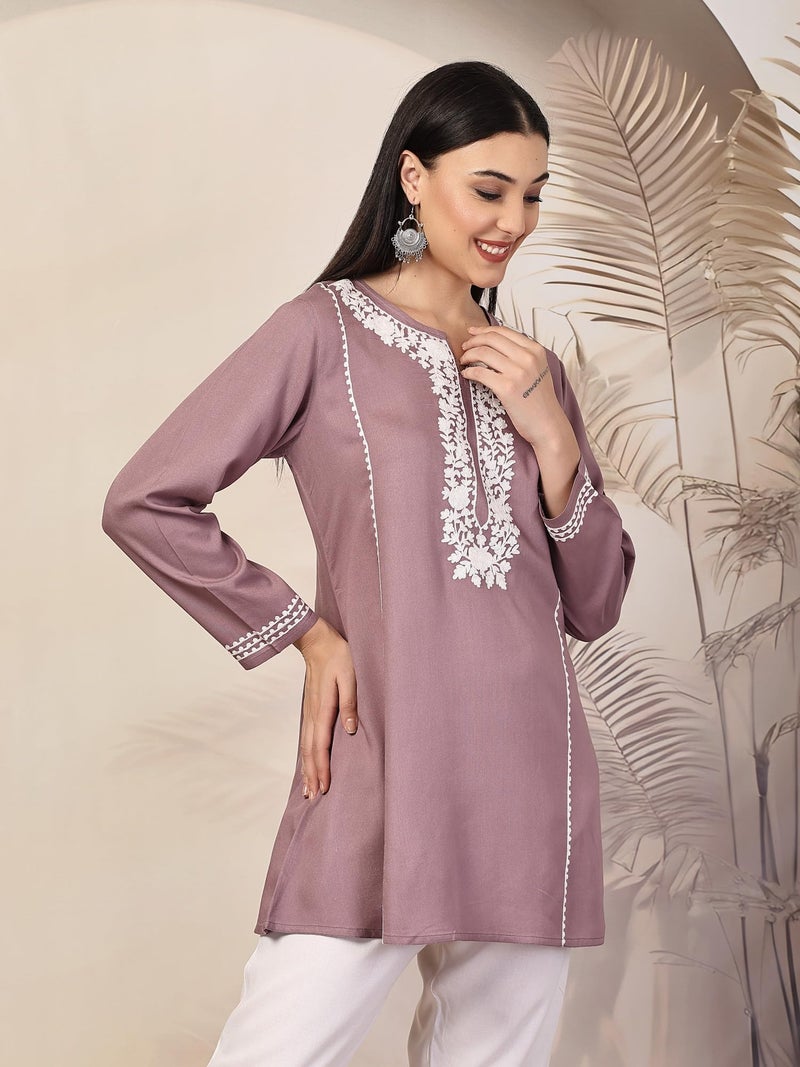 QAZMI Women's Ardra Kashmiri A-Line Lavender Short Kurti_XS - Image 3