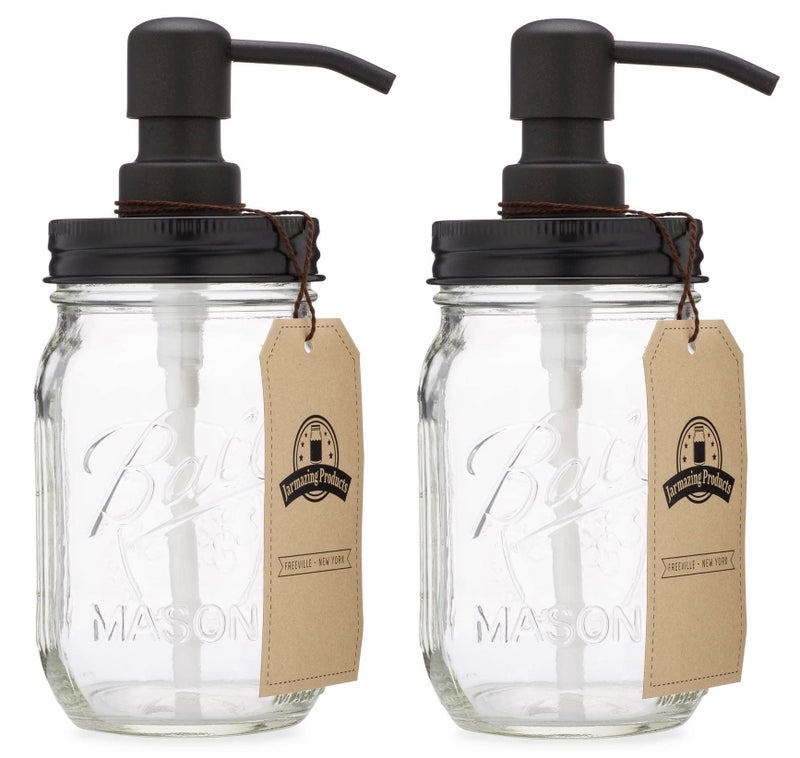 Jarmazing Products Mason Jar Soap Dispenser  Black  with 16 Ounce Ball Mason Jar  Made from Rust Proof Stainless Steel  Two Pack