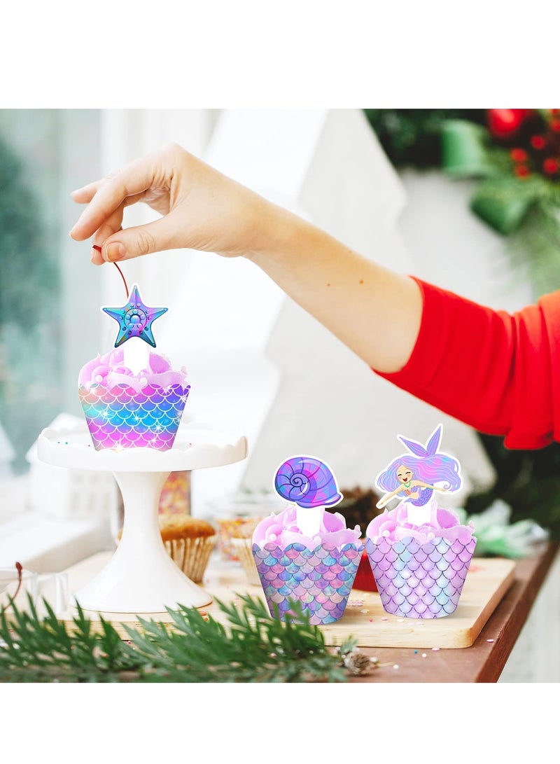 Zikra 24-Piece Mermaid Cupcake Toppers and Wrappers Set - Adorable Mermaid Tail Decorations for Under the Sea Theme Parties and Baby Showers - Image 1