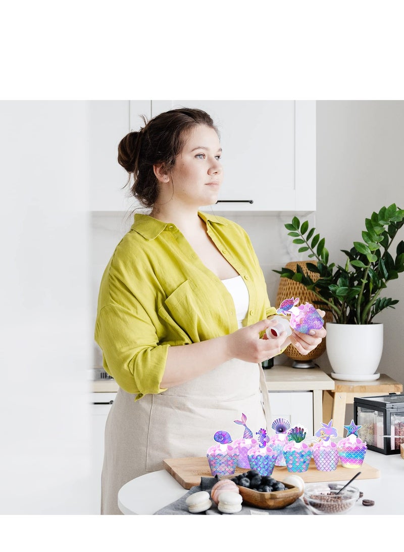 Zikra 24-Piece Mermaid Cupcake Toppers and Wrappers Set - Adorable Mermaid Tail Decorations for Under the Sea Theme Parties and Baby Showers - Image 4