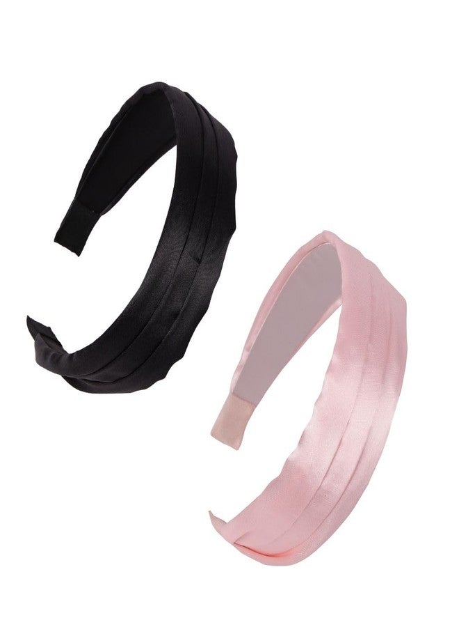 NNR Satin Drapped Hair Bands Satin Silk Scrunchies Hair Band For Girls Comfortable & Soft Hand Made Headband Beautiful Cute Fashion Accessories (Black+Pink) - Image 2