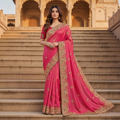 Glory Sarees Women’s Pure Soft Silk Banarasi Saree Traditional Embroidery Paisley Border With Blouse Piece (Qualamkars_103_Gajari) - Image 2