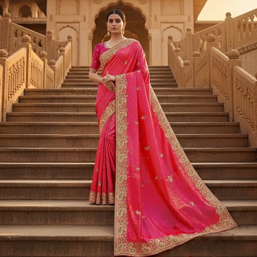 Glory Sarees Women’s Pure Soft Silk Banarasi Saree Traditional Embroidery Paisley Border With Blouse Piece (Qualamkars_103_Gajari) - Image 5