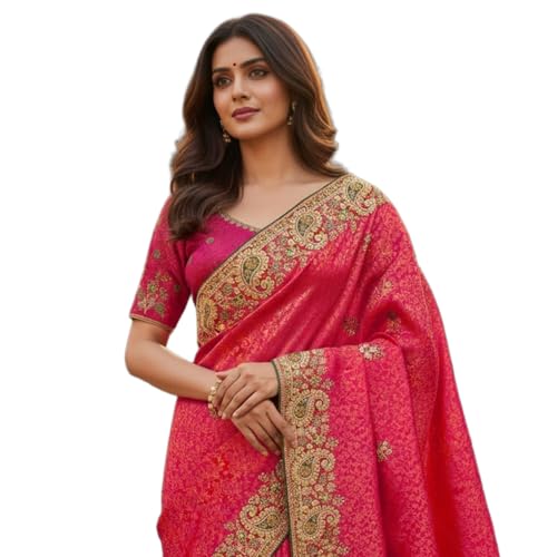 Glory Sarees Women’s Pure Soft Silk Banarasi Saree Traditional Embroidery Paisley Border With Blouse Piece (Qualamkars_103_Gajari) - Image 1