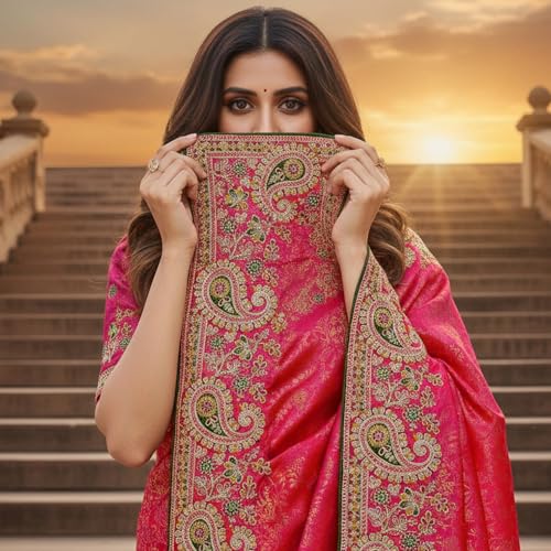 Glory Sarees Women’s Pure Soft Silk Banarasi Saree Traditional Embroidery Paisley Border With Blouse Piece (Qualamkars_103_Gajari) - Image 4