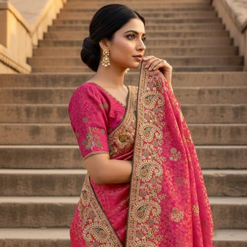 Glory Sarees Women’s Pure Soft Silk Banarasi Saree Traditional Embroidery Paisley Border With Blouse Piece (Qualamkars_103_Gajari) - Image 3