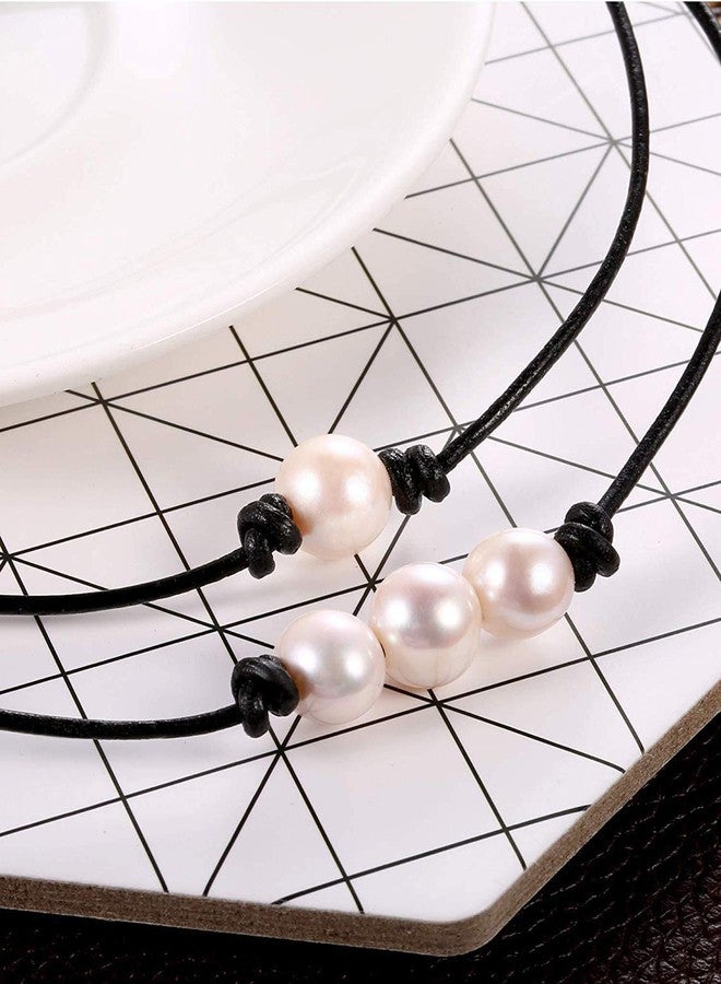 MauSong 2 Pieces Single Freshwater Pearl Necklace and 3 Freshwater Pearl Beads Choker on Black Leather Cord for Women - Image 4