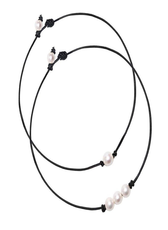MauSong 2 Pieces Single Freshwater Pearl Necklace and 3 Freshwater Pearl Beads Choker on Black Leather Cord for Women - Image 5