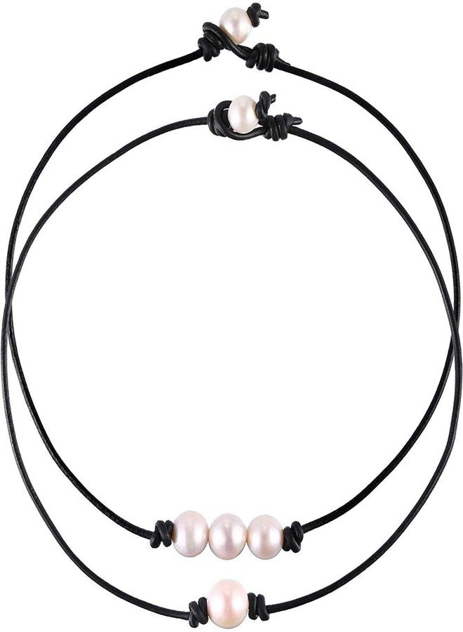 MauSong 2 Pieces Single Freshwater Pearl Necklace and 3 Freshwater Pearl Beads Choker on Black Leather Cord for Women - Image 1