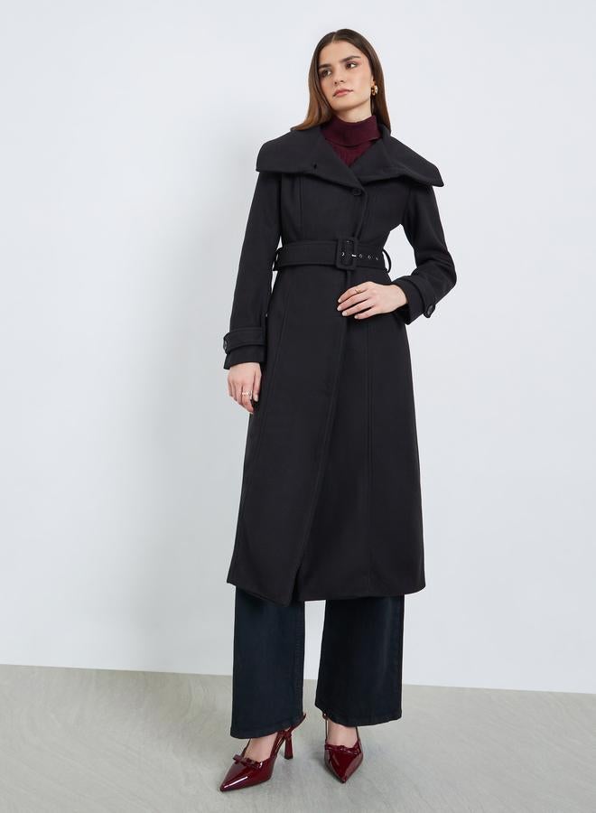 Styli Women Black Midi Length Belted Wool Coat - Image 3