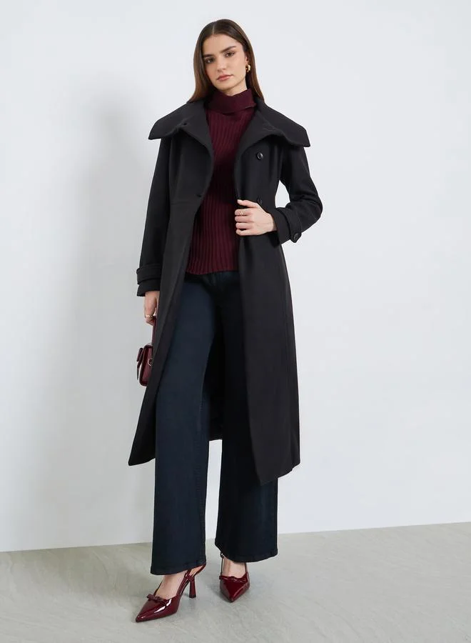 Styli Women Black Midi Length Belted Wool Coat
