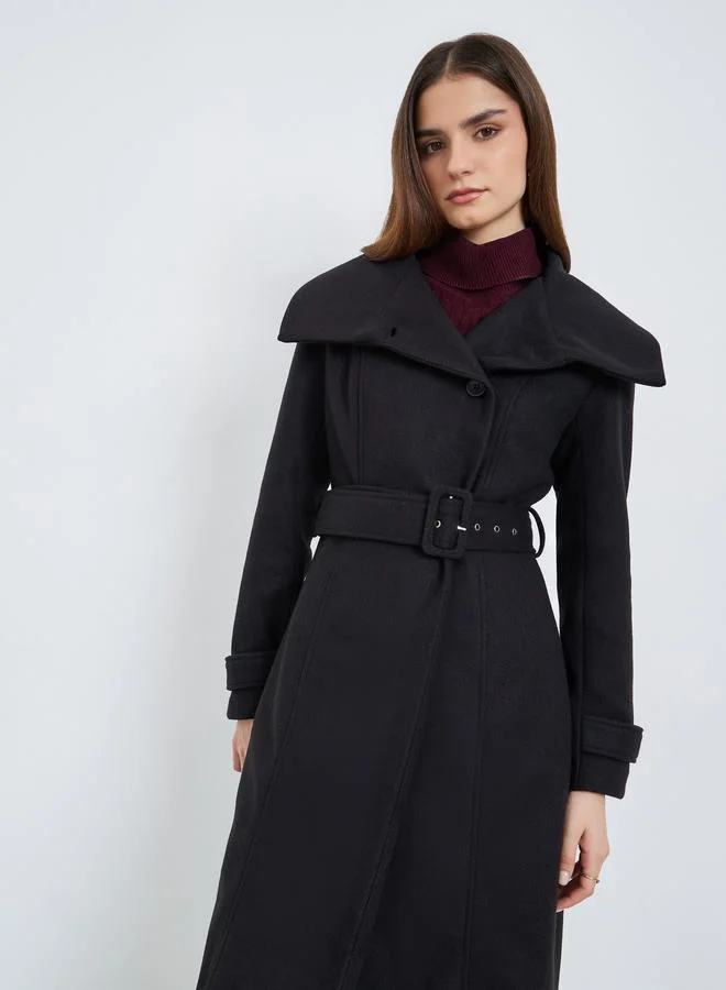 Styli Women Black Midi Length Belted Wool Coat