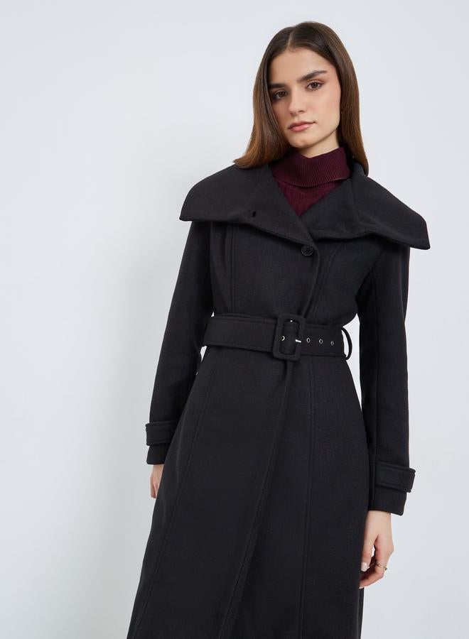 Styli Women Black Midi Length Belted Wool Coat - Image 2