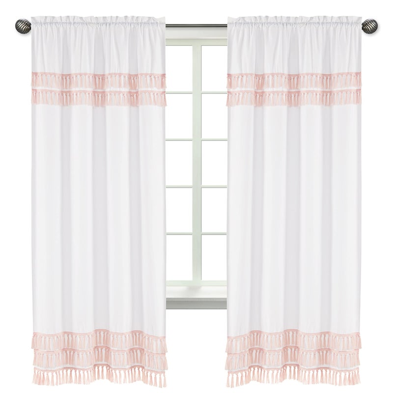 Sweet Jojo Designs Sweet Jojo Designs Boho Bohemian Girl Window Treatment Panels Curtains  Blush Pink and White Farmhouse Shabby Chic Designer Modern Minimalist Tassel Fringe Macrame Cotton 