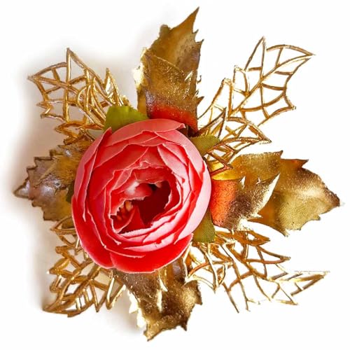 ADIKALA Artificial Peonies Golden Flower Leaf Bunch for Hamper, Flower Brooch Hamper for Decoration, Gifting, Trousseau Packing | Flower Bunch (3, Carrot Red) - Image 2