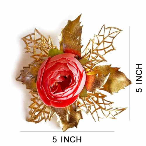 ADIKALA Artificial Peonies Golden Flower Leaf Bunch for Hamper, Flower Brooch Hamper for Decoration, Gifting, Trousseau Packing | Flower Bunch (3, Carrot Red) - Image 3