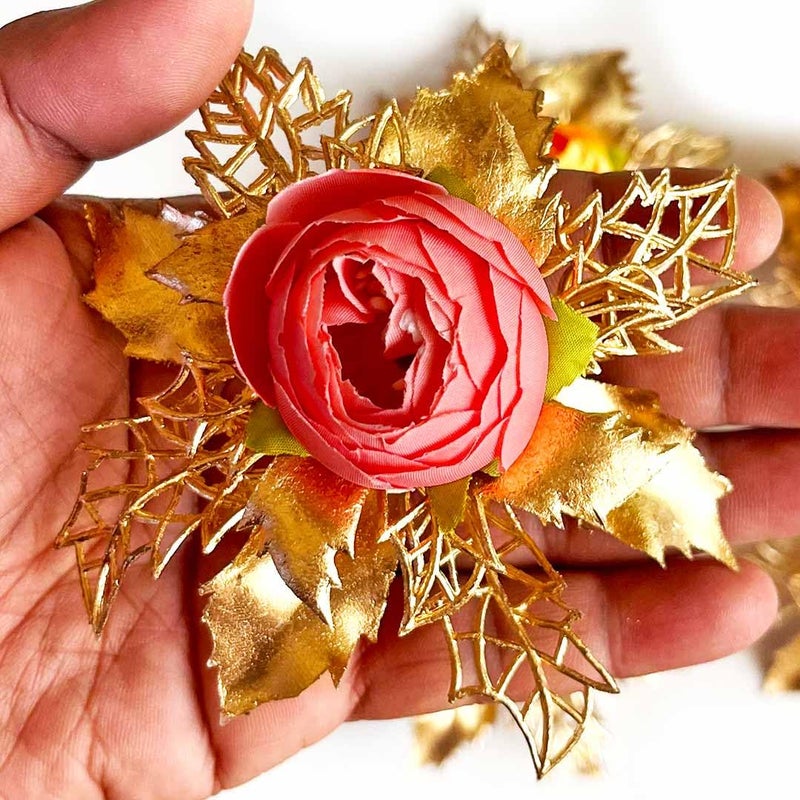 ADIKALA Artificial Peonies Golden Flower Leaf Bunch for Hamper, Flower Brooch Hamper for Decoration, Gifting, Trousseau Packing | Flower Bunch (3, Carrot Red) - Image 5