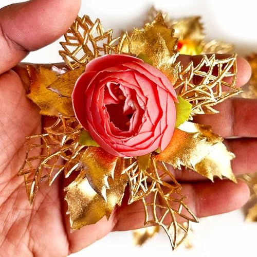 ADIKALA Artificial Peonies Golden Flower Leaf Bunch for Hamper, Flower Brooch Hamper for Decoration, Gifting, Trousseau Packing | Flower Bunch (3, Carrot Red) - Image 1