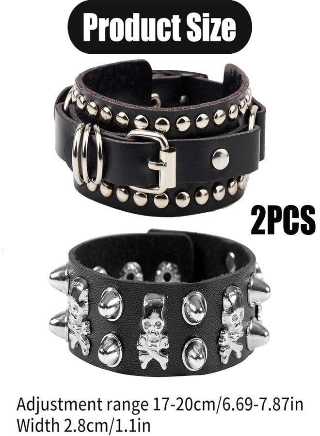 Vihaanta 2PCS Gothic Jewellery, Leather Bracelet, Punk Bracelet with Skull Rivets, Leather Cuff Bangle for Rock Concerts and Gothic Fashion, Unisex Alternative Style Accessory - Image 2