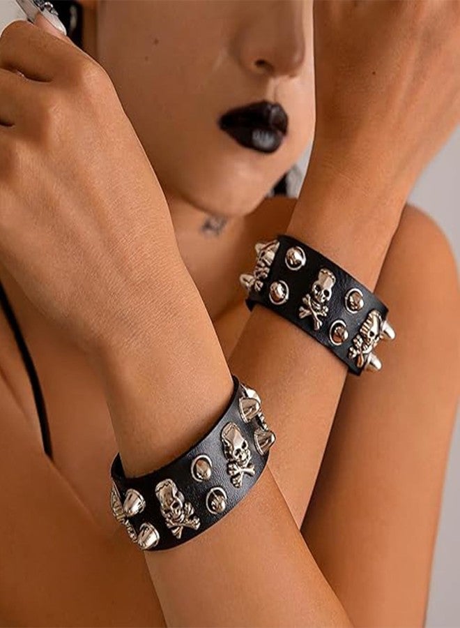 Vihaanta 2PCS Gothic Jewellery, Leather Bracelet, Punk Bracelet with Skull Rivets, Leather Cuff Bangle for Rock Concerts and Gothic Fashion, Unisex Alternative Style Accessory - Image 4