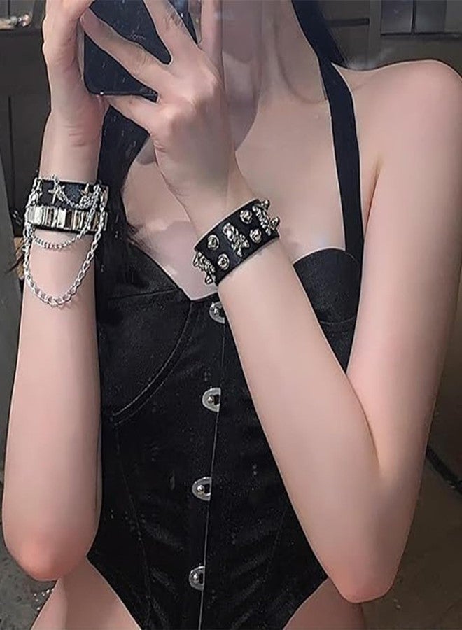 Vihaanta 2PCS Gothic Jewellery, Leather Bracelet, Punk Bracelet with Skull Rivets, Leather Cuff Bangle for Rock Concerts and Gothic Fashion, Unisex Alternative Style Accessory - Image 5