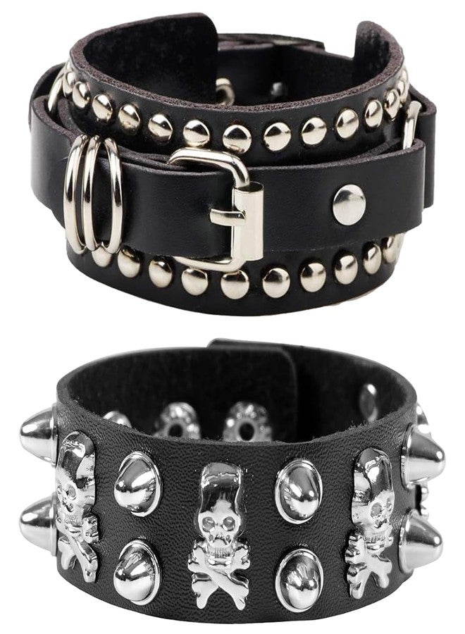 Vihaanta 2PCS Gothic Jewellery, Leather Bracelet, Punk Bracelet with Skull Rivets, Leather Cuff Bangle for Rock Concerts and Gothic Fashion, Unisex Alternative Style Accessory - Image 1