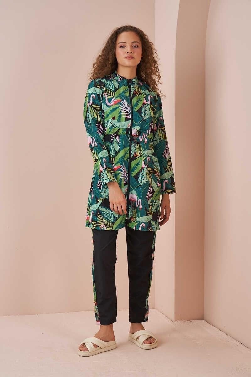 Mevra Flamingo Patterned T-shirt Swimsuit with Stopper Black - Image 1