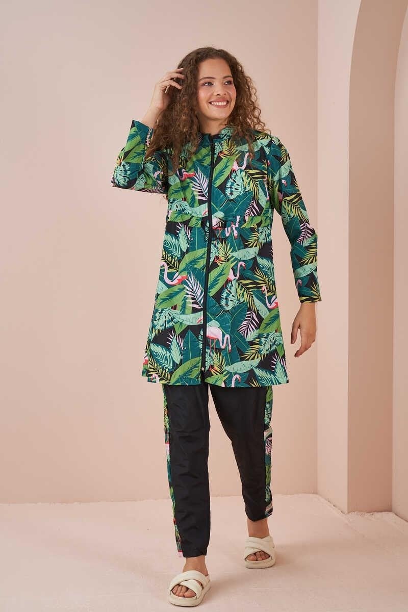 Mevra Flamingo Patterned T-shirt Swimsuit with Stopper Black - Image 3