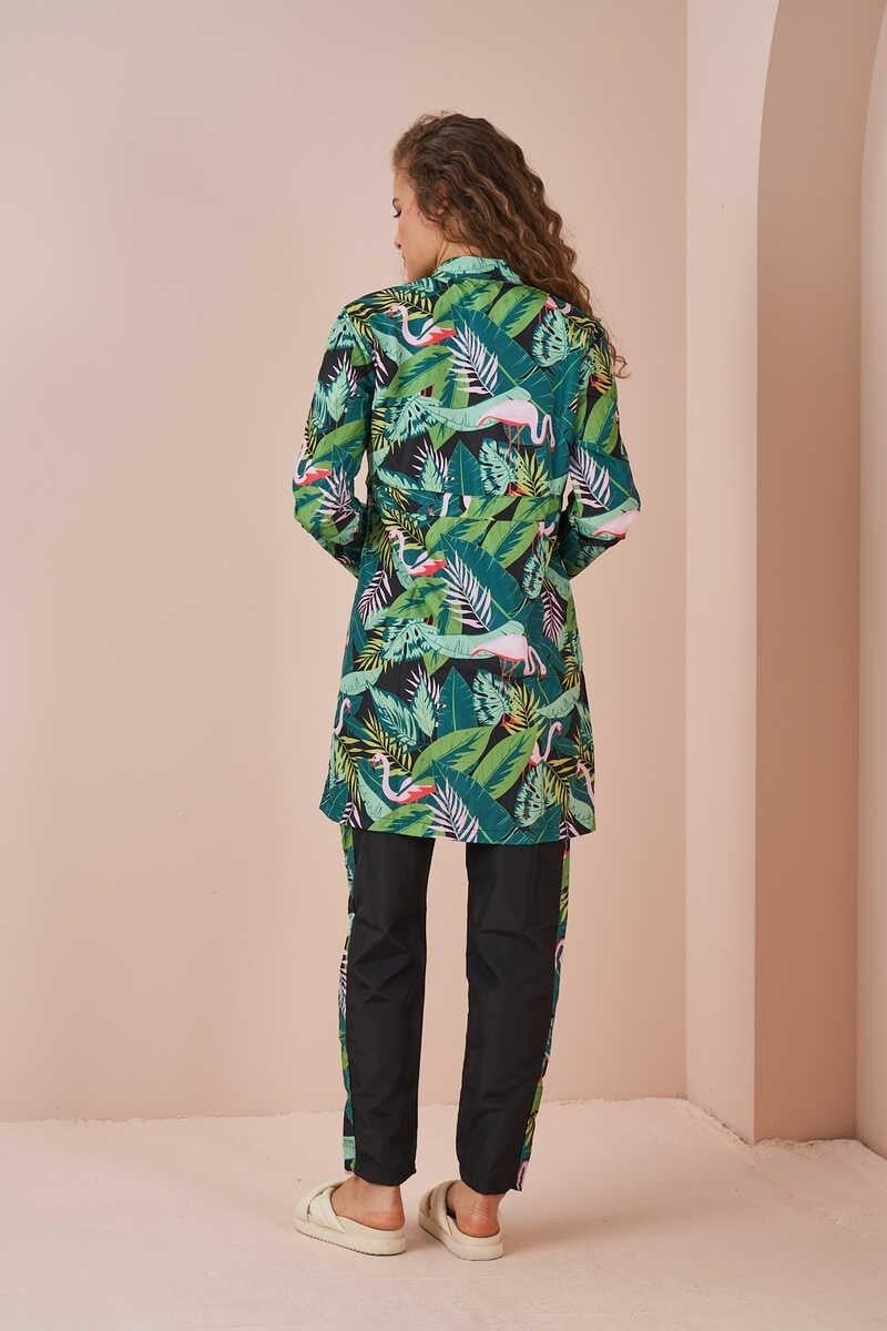 Mevra Flamingo Patterned T-shirt Swimsuit with Stopper Black - Image 5