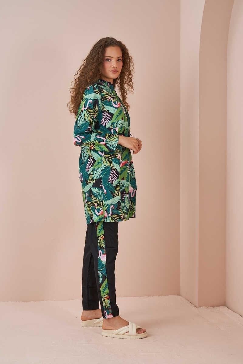 Mevra Flamingo Patterned T-shirt Swimsuit with Stopper Black - Image 4
