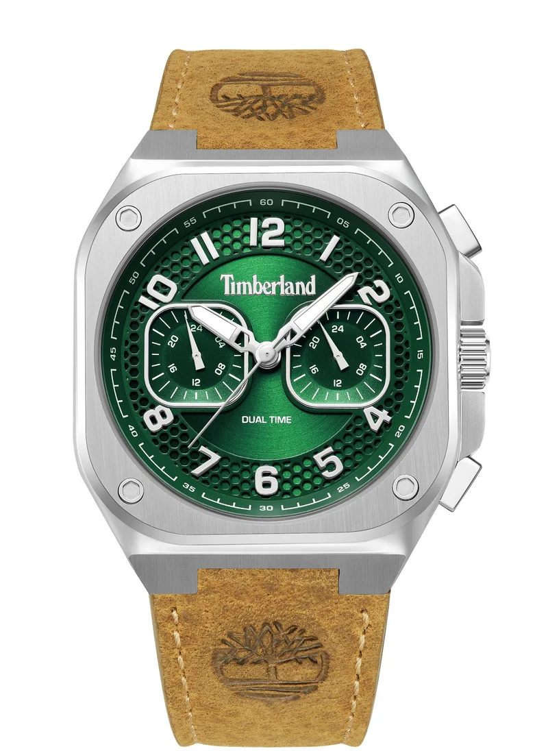 Timberland Timberland Mackinac Chronograph Watch for Men - Brown Leather Strap, Green Dial, Round Shape Stainless Steel Analog Wrist Watch, 46mm