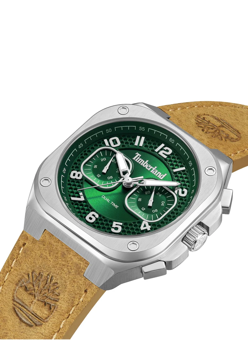 تمبرلاند Timberland Mackinac Chronograph Watch for Men - Brown Leather Strap, Green Dial, Round Shape Stainless Steel Analog Wrist Watch, 46mm