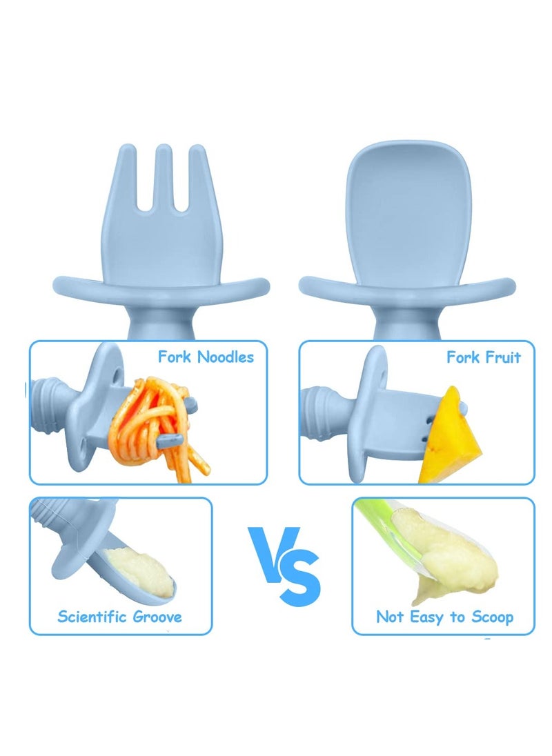 Bebiland - 4Pcs Baby Fork and Spoon Set, Silicone Self Feeding Utensil, Easy Grip Toddler Cutlery Kit, Baby Weaning and Feeding Spoons (Blue/Green) - Image 1