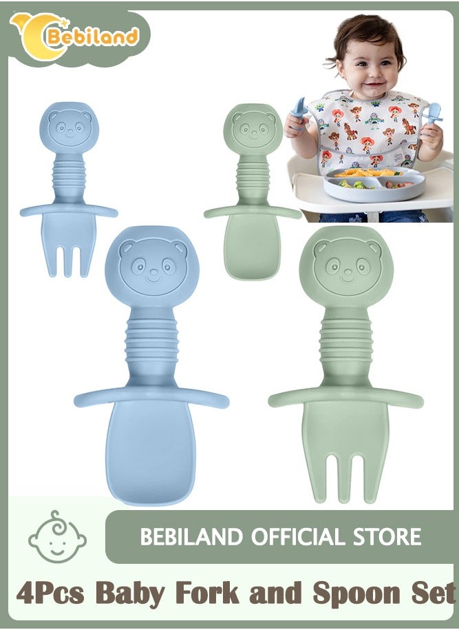 Bebiland - 4Pcs Baby Fork and Spoon Set, Silicone Self Feeding Utensil, Easy Grip Toddler Cutlery Kit, Baby Weaning and Feeding Spoons (Blue/Green) - Image 1