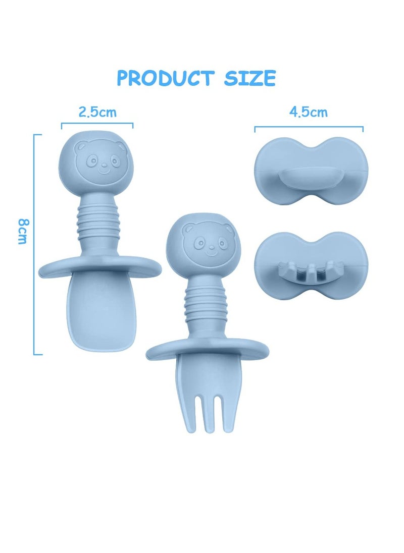 Bebiland - 4Pcs Baby Fork and Spoon Set, Silicone Self Feeding Utensil, Easy Grip Toddler Cutlery Kit, Baby Weaning and Feeding Spoons (Blue/Green) - Image 1