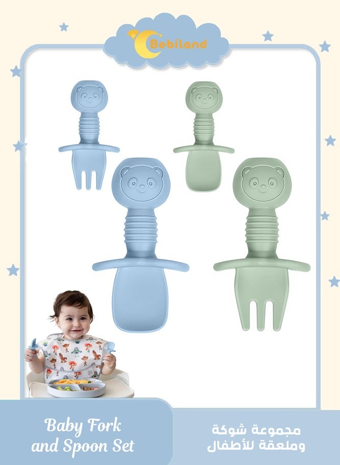 Bebiland 4Pcs Baby Fork and Spoon Set, Silicone Self Feeding Utensil, Easy Grip Toddler Cutlery Kit, Baby Weaning and Feeding Spoons (Blue/Green) - Image 1