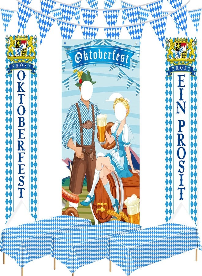 ZYP Oktoberfest Decorations Kit Include 1 Photo Backdrop Porch,3 Bavarian Tablecloth,2 Door Banner,65.6 ft White and Blue Check Flag,German Theme Beer Festival Party Decor Accessories - Image 1