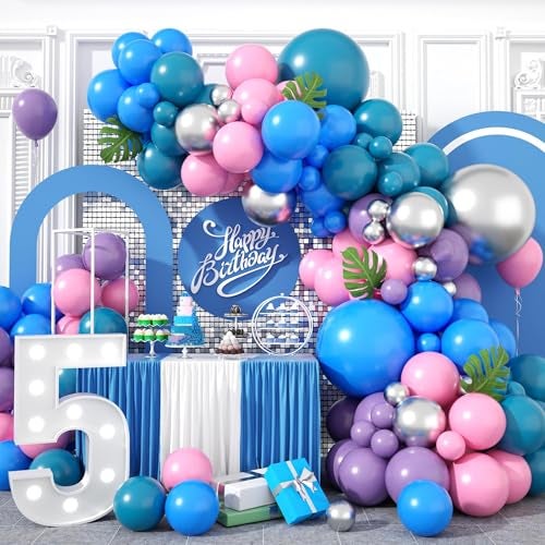 Sowide Blue Purple Balloon Arch Garland Kit, Purple Pink Blue Metallic Silver Balloons for Kids Birthday Hawaii Tropical Party Supplies Video Gaming Baby Shower Party Decorations - Image 1