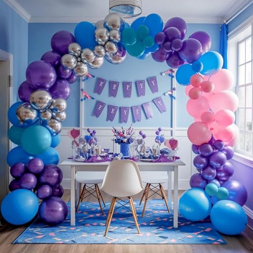 Sowide Blue Purple Balloon Arch Garland Kit, Purple Pink Blue Metallic Silver Balloons for Kids Birthday Hawaii Tropical Party Supplies Video Gaming Baby Shower Party Decorations - Image 4