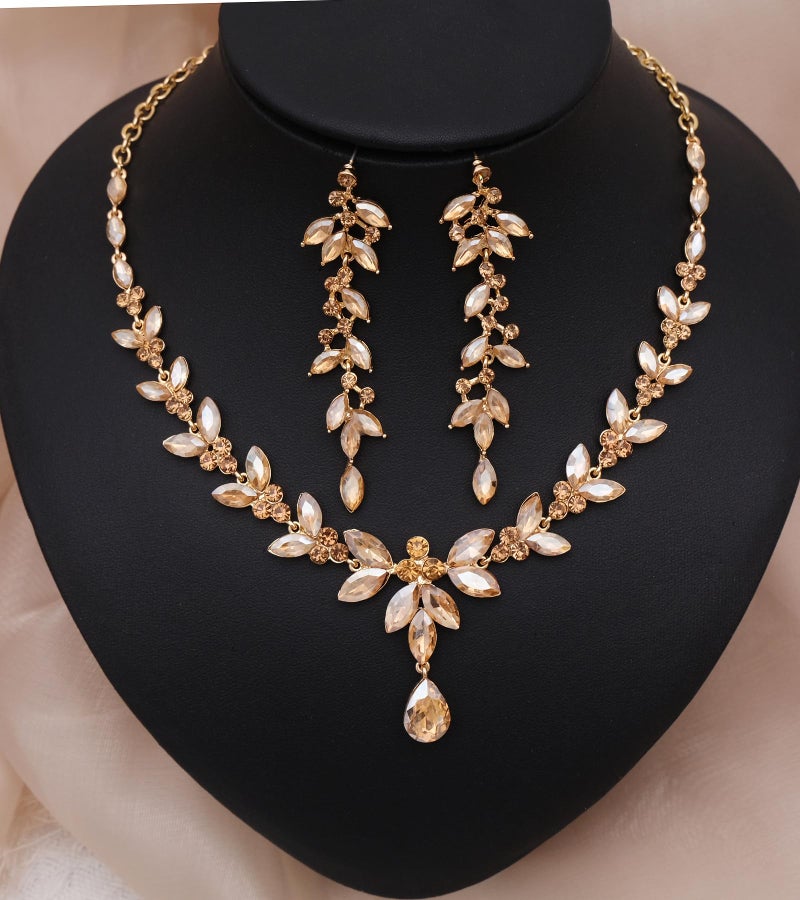 CSY 4 Pcs Elegant Bridal Jewelry Sets Austrian Marquise Crystal Wedding Necklace Dangle Earrings Tennis Bracelet Ring Set for Bride Women Costume Accessories (champagne gold) - Image 3
