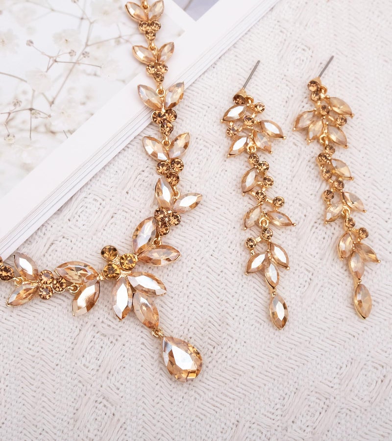 CSY 4 Pcs Elegant Bridal Jewelry Sets Austrian Marquise Crystal Wedding Necklace Dangle Earrings Tennis Bracelet Ring Set for Bride Women Costume Accessories (champagne gold) - Image 5