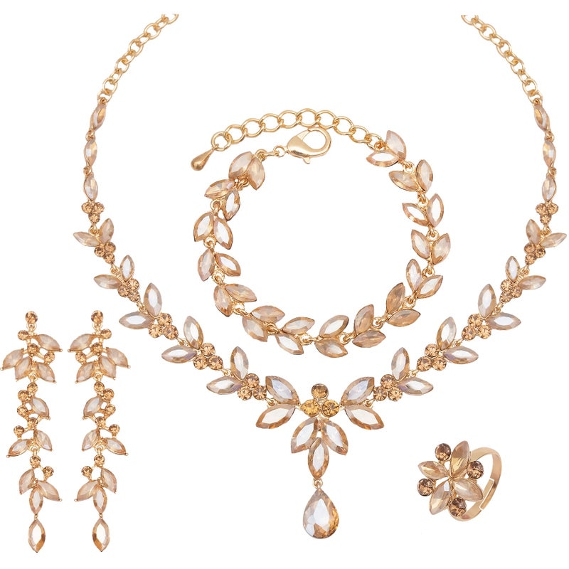 CSY 4 Pcs Elegant Bridal Jewelry Sets Austrian Marquise Crystal Wedding Necklace Dangle Earrings Tennis Bracelet Ring Set for Bride Women Costume Accessories (champagne gold) - Image 1
