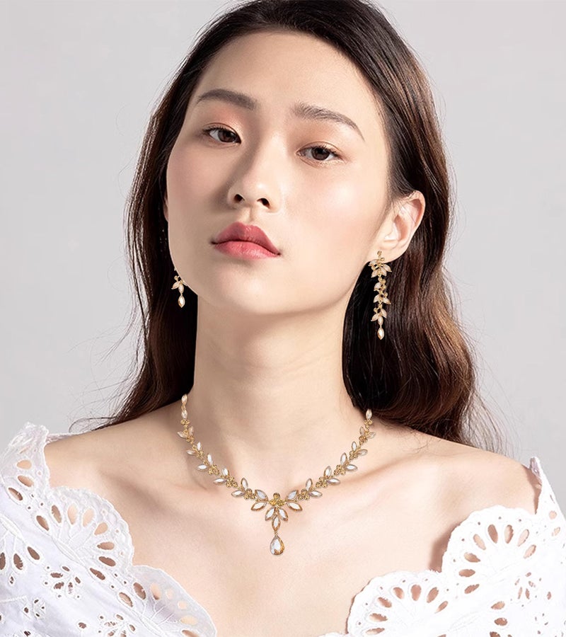 CSY 4 Pcs Elegant Bridal Jewelry Sets Austrian Marquise Crystal Wedding Necklace Dangle Earrings Tennis Bracelet Ring Set for Bride Women Costume Accessories (champagne gold) - Image 2