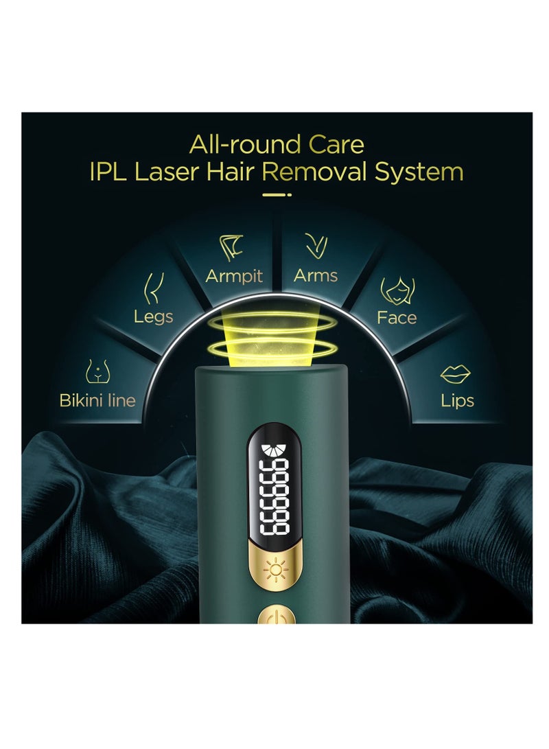 جهاز إزالة الشعر بتقنية IPL دائم وغير مؤلم، بتصميم أسطواني، مع منطقتين و5 مستويات، مناسب للرجال والنساء، للاستخدام على الجسم، الوجه، ومنطقة البيكيني، للاستخدام المنزلي (أخضر) - Image 4